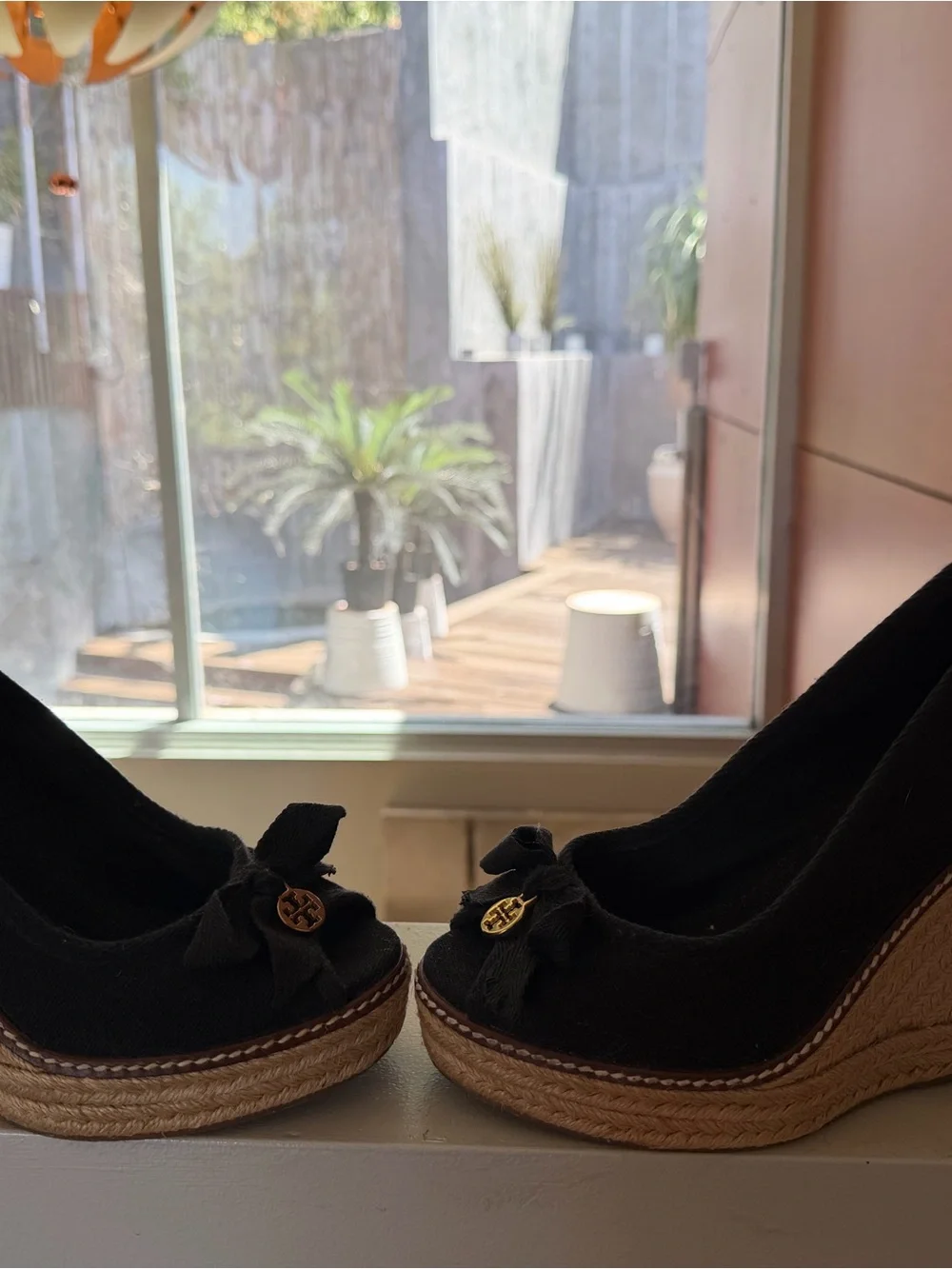 Tory Burch Black Canvas Espadrille Wedges with Gold Logo Charm - Picture 3 of 7